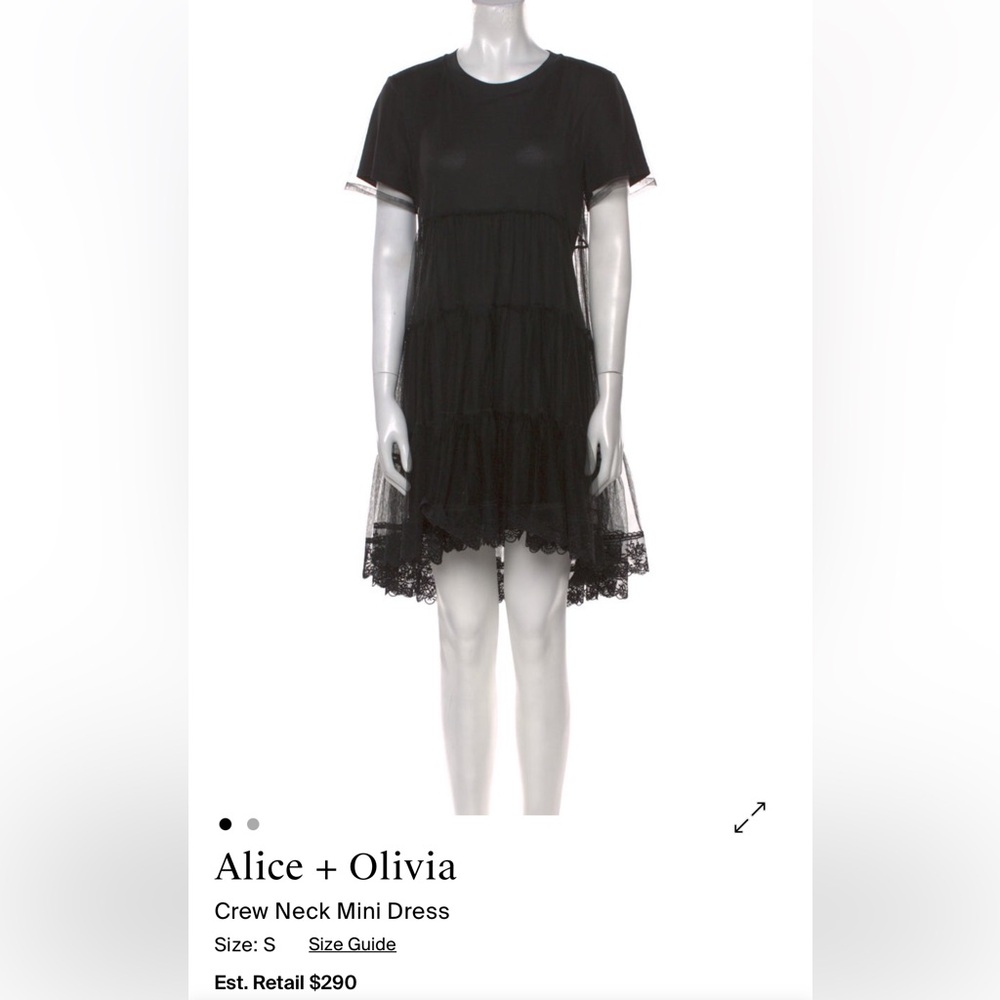Alice + Olivia Black Tiered Lace-Trim Crew Neck Mini Dress